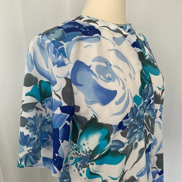 Vintage Blouse Top Size 12 Blue White Floral Short Sleeve Button Casual Office - Picture 6 of 12